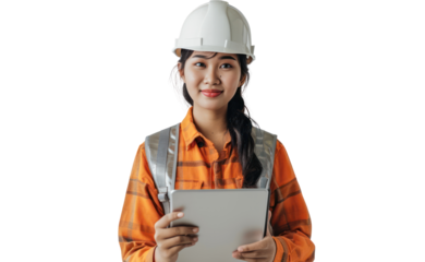 Asian engineer woman holding laptop on a Transparent background