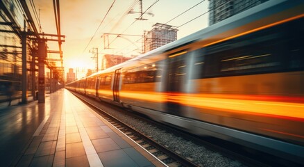 Naklejka premium motion blurry view of a train moving along rails near a city
