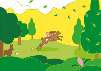 easter landscape theme with Rabbit who lose Easter Eggs