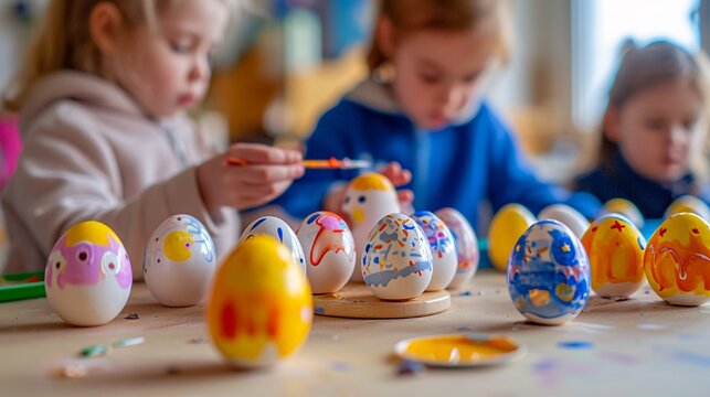 Kids participating in an Easter egg painting activity, using brushes and vibrant paints to create beautifully decorated eggs,