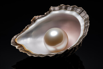 Shiny round pearl on marine oysters' shell and black background. Generative AI
