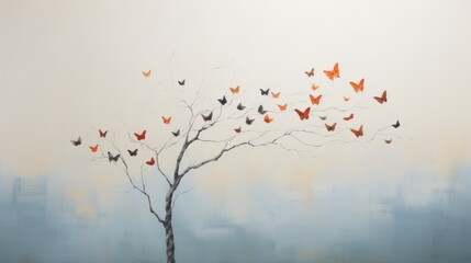  a painting of a tree with a bunch of butterflies flying from the top of the tree to the bottom of the tree.