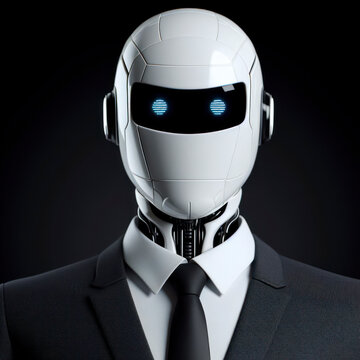 Portrait of a white robot wearing a businessman suit and tie isolated on solid black background. ai generative