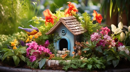Fototapeta na wymiar a birdhouse in a garden filled with flowers and a bird sitting on top of the roof of the birdhouse.