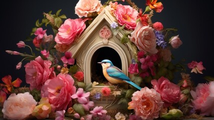  a bird sitting on top of a birdhouse surrounded by pink and orange flowers and flowers on a black background.