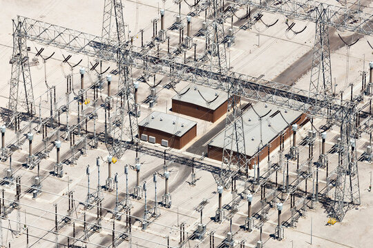 Aerial view of the details of a sprawling power station complex, Australia.