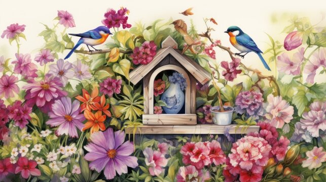 a painting of two birds sitting on a birdhouse in a garden with pink and purple flowers and a blue vase.