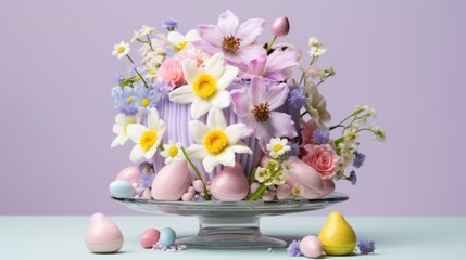 a close up of a cake decorated with flowers and eggs on a cake plate with pastel colors in the background.