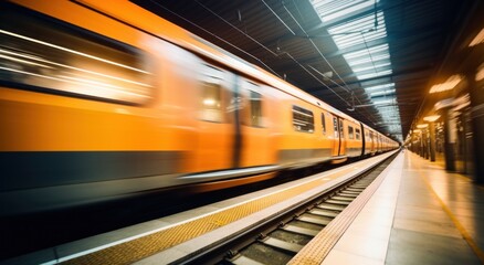 motion blurry view of a train moving along rails near a city