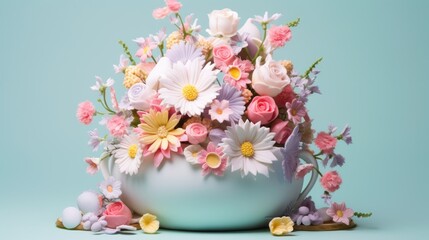  a blue vase filled with lots of flowers on top of a blue surface with pink and yellow flowers on the side of the vase.