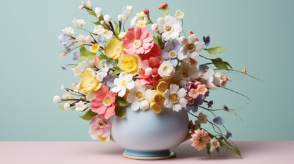  a blue vase filled with lots of colorful flowers on top of a pink and blue tableclothed surface with a light blue wall in the background.