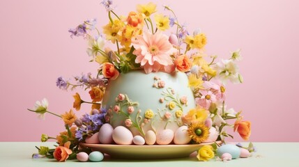 Fototapeta na wymiar a cake decorated with flowers and eggs on a plate next to a plate of flowers and eggs on a table.