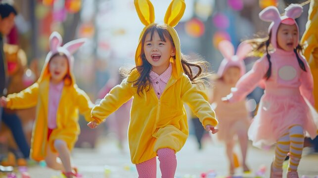Children dressed in adorable bunny costumes, hopping and skipping in a playful Easter parade, the high-definition camera capturing the cuteness and festive spirit