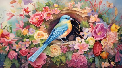  a painting of a blue bird sitting on a nest in a garden of flowers with pink, yellow, and red flowers.