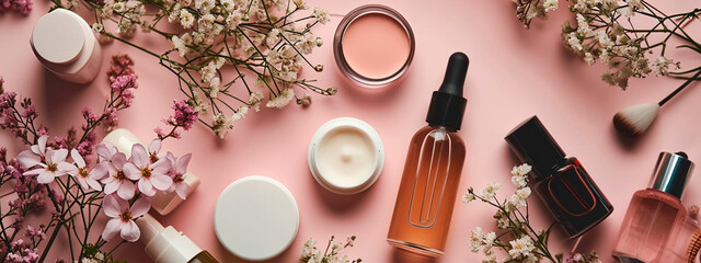 various cosmetics and flowers. Selective focus. - obrazy, fototapety, plakaty