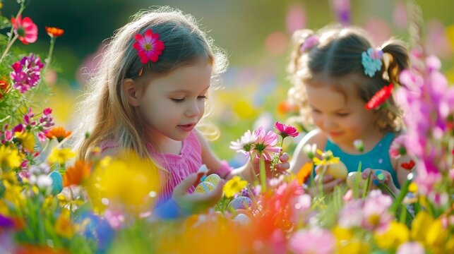 Children dressed in colorful Easter outfits, hunting for eggs in a vibrant garden filled with blooming flowers and green grass, the HD camera capturing their joy and excitement