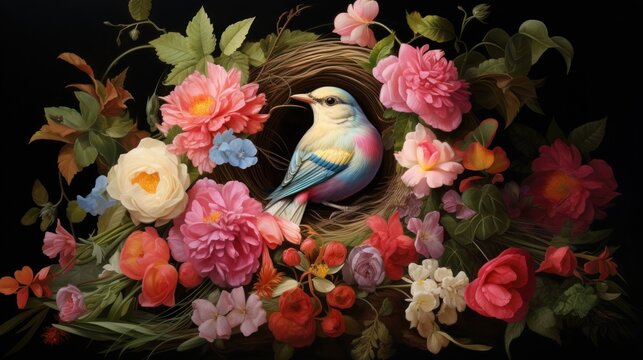  a painting of a bird sitting on top of a nest surrounded by pink, yellow, and red flowers on a black background.