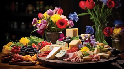  a variety of cheeses, meats, and flowers are arranged on a platter in front of a vase of tulips.