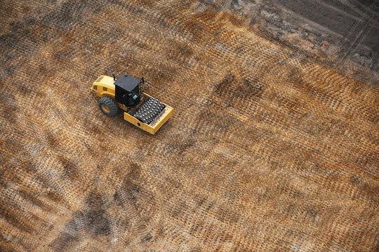 Aerial Perspective of a Compaction Roller in Action, Australia.