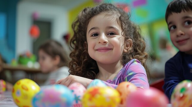 Children engaged in an Easter egg decorating competition, showcasing their artistic talents and unique designs