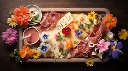 Fototapeta na wymiar a platter of cheese, meats, and flowers on a wooden table with saucer and saucer.