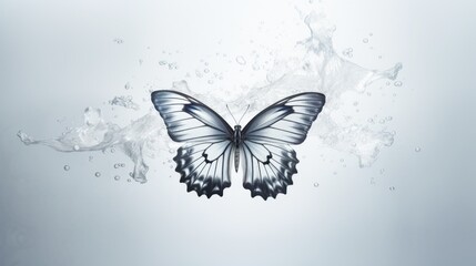  a picture of a butterfly flying in the air with bubbles of water around it and a splash of water behind it.