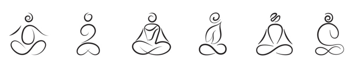 Meditating monk, Yoga pose, Meditation line figure, vector  - obrazy, fototapety, plakaty