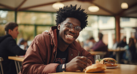young man eating burger in an open space