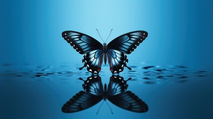  a black and white butterfly sitting on top of a body of water with a reflection of it's wings.