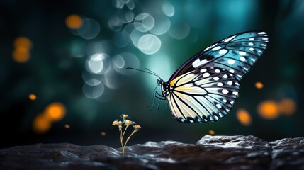  a butterfly sitting on top of a rock next to a small yellow flower on top of a pile of dirt.