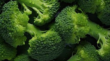  a close up of a bunch of broccoli florets with drops of water on the florets. - obrazy, fototapety, plakaty