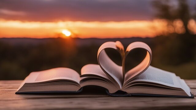 open book with sun rays a heart shaped book with a stunning sunset view