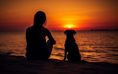 Tranquil Seascape with Human and Canine Companions