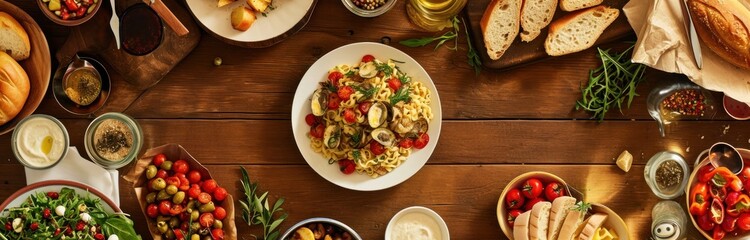 pasta, salad, bread, meat and more food