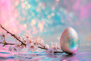 Easter egg in aluminium foil and blossoming cherry branch in iridescent pink and turquoise light and bokeh, copy space. Asbtract holiday concept. - obrazy, fototapety, plakaty
