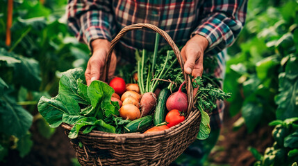 A farmer harvests vegetables in the garden. Selective focus.