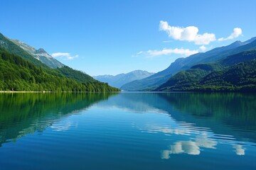 Fototapeta na wymiar Crystal-clear lake waters mirroring the azure sky, a serene and picturesque summer backdrop