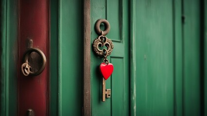 knocker with key A red heart with a key on a green door. The heart is a symbol of love and trust,  