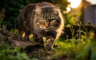 Naklejka na ściany i meble Majestic Cat Stalking Through a Garden at Sunset