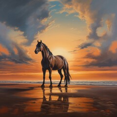 brown horse standing on top of a sandy beach under cloudy blue and orange sky with sunset