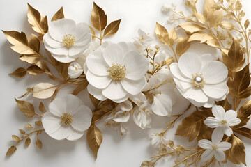 Beautiful assortment of flowers on a light background with space for text. Frame of flowers, buds and branches. Flat lay, top view. Generative AI.