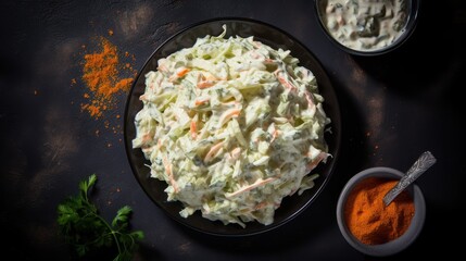 a bowl of coleslaw next to a bowl of carrots and a bowl of seasoning on a table.