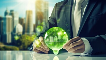 Human interaction of advanced technology based on AI hologram with greenery city concept, eco-friendly city with hologram network light bulb screen icons for energy source renewable.