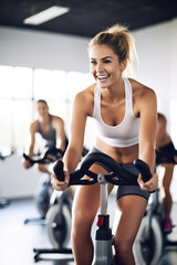 Fototapeta na wymiar Fit and Active: Young Women Exercising in Gym with Cardio Machines