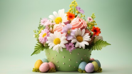  a green pot filled with lots of flowers next to small easter eggs on top of a green surface with a light green background.