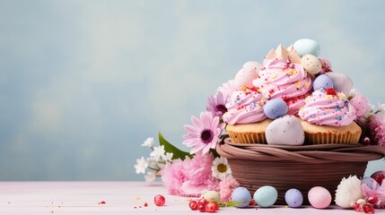  a cupcake with pink frosting and sprinkles sits in a basket surrounded by flowers and eggs.