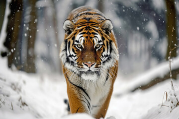 Fototapeta na wymiar A big tiger walks in the snowy forest