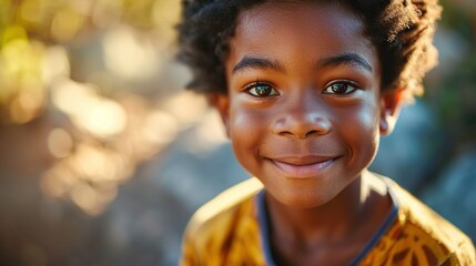 Close view of smiling african american boy, happy expression. Created with Generative Ai technology.