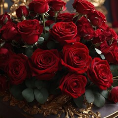 Velvety textures with a lavish bouquet of red roses. Generative AI