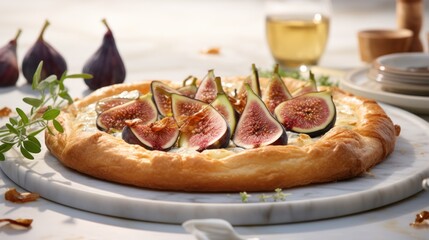  a white plate topped with a pizza covered in sliced figs next to a bowl of olives and a glass of wine.